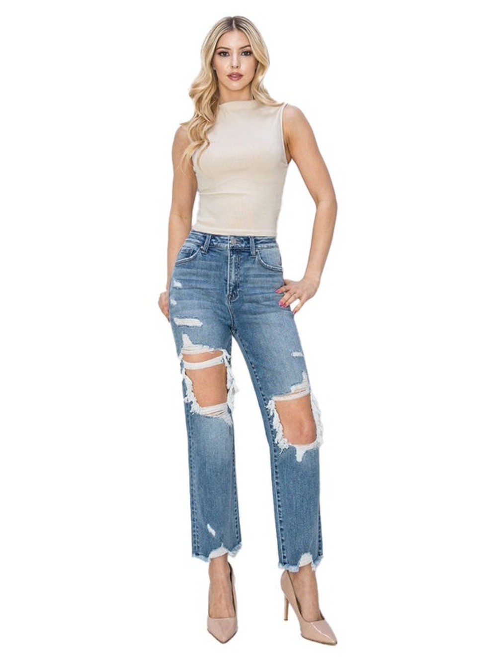 High-Rise Distressed Straight-Leg Jeans in Medium Blue